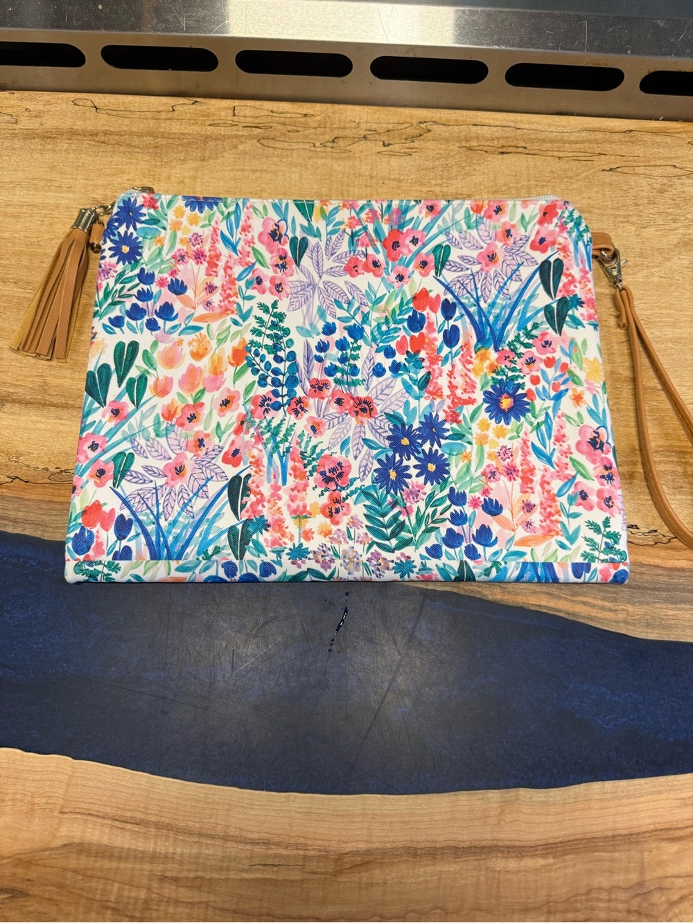 Floral Canvas Wristlet Clutch in Multicolor with Tan Strap - Picture 2 of 3